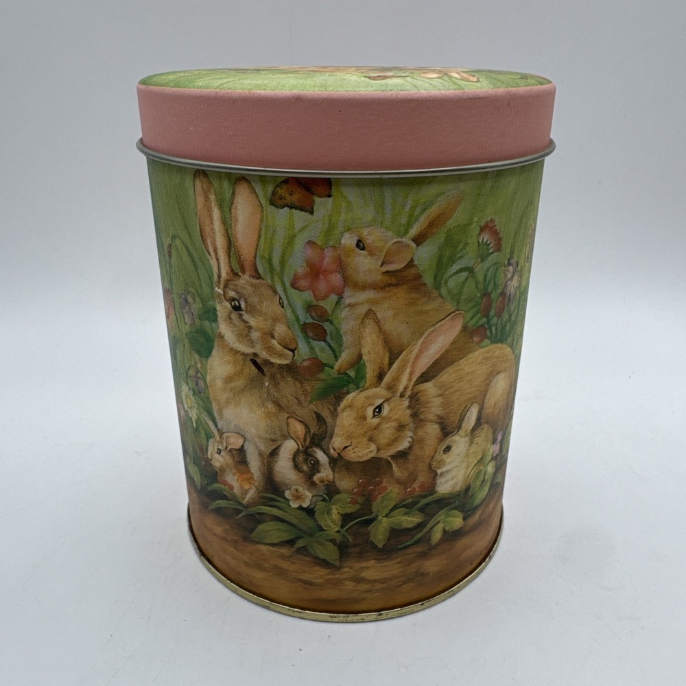 Easter Storage Tin‎ Container Cookie Treat Bunny Rabbit Family Vintage 90s Lid